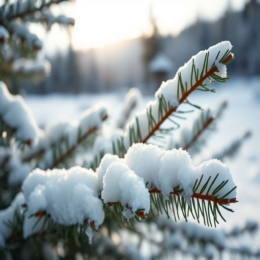 close-up of snow-covered pine branches with blurred background of a winter landscape, soft natural lighting, shallow depth of field, aperture f/2.8, ISO 200, 50mm lens, DSLR camera, focus on foreground snow details