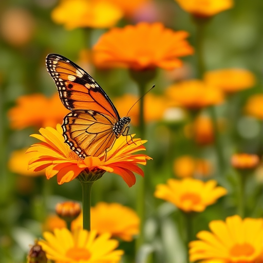 Create an image of a butterfly perched on a vibrant orange flower, surrounded by a field of yellow and orange flowers. The scene should be bright and colorful, capturing the beauty of nature in a sunny setting. Focus on the intricate patterns of the butterfly's wings and the delicate petals of the flowers.
