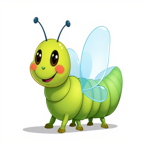 Create a cartoon-style illustration of a smiling green caterpillar with transparent blue wings, using a DSLR camera, 50mm lens, f/2.8 aperture, 1/200 shutter speed, and high saturation colors.