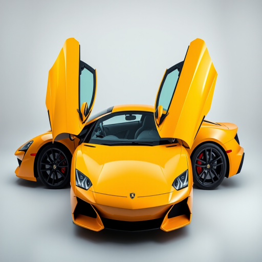 Regenerate an image of a sleek yellow sports car with doors open at a 45-degree angle, shot with a Canon EOS R5, 50mm f/1.2 lens, aperture at f/4, ISO 100, in a studio setting with softbox lighting for even illumination and vibrant colors.