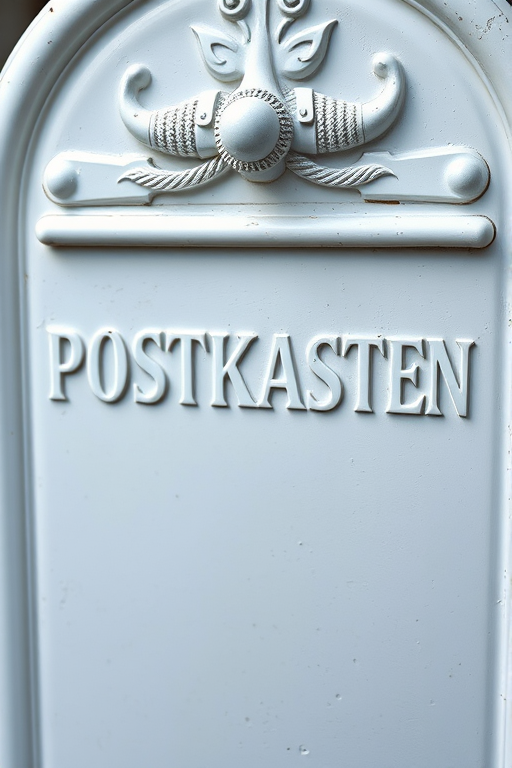 A highly detailed close-up image of a white mailbox with the word "POSTKASTEN" on it, featuring a decorative rope and horn design, shot with a Canon EOS R5 at f/2.8, ISO 100, 50mm lens, natural lighting, focus on textures and colors.