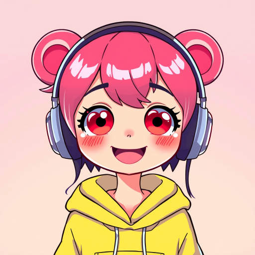 Create a vibrant cartoon-style illustration of a cheerful character with heart-shaped eyes, wearing headphones and a hoodie, set against a soft pastel background, captured with a 50mm lens at f/2.8 aperture, with bright lighting and vivid colors to enhance its whimsical quality.