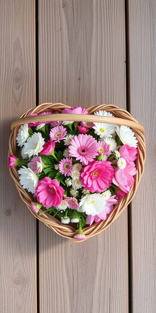 Create an image of a heart-shaped basket filled with pink and white flowers on a wooden surface, using a DSLR camera, aperture f/2.8, shutter speed 1/125, ISO 100, shot from a top-down view with natural lighting.