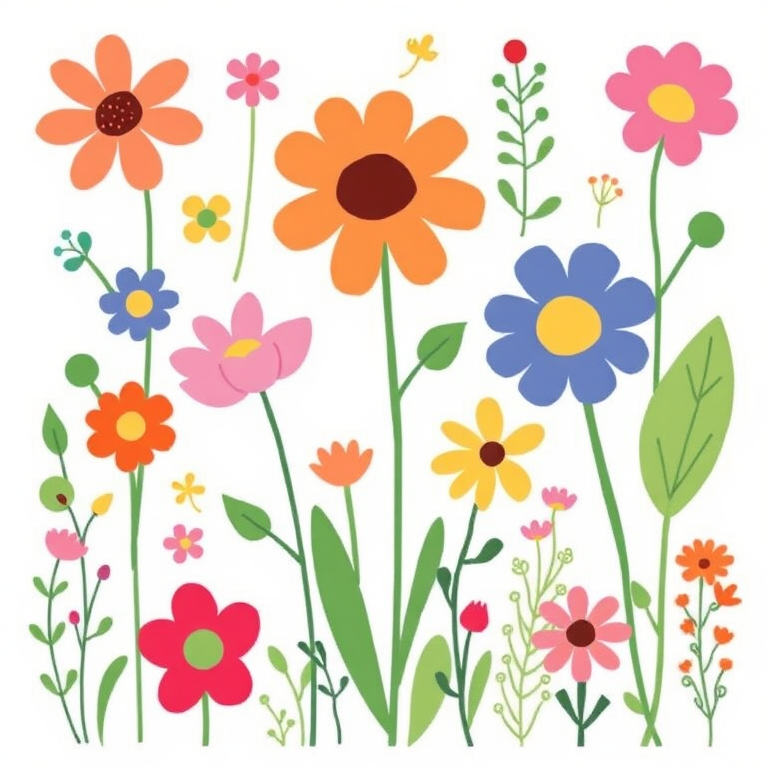 Generate a digital illustration of a variety of colorful flowers and plants with a whimsical and minimalistic design on a white background.