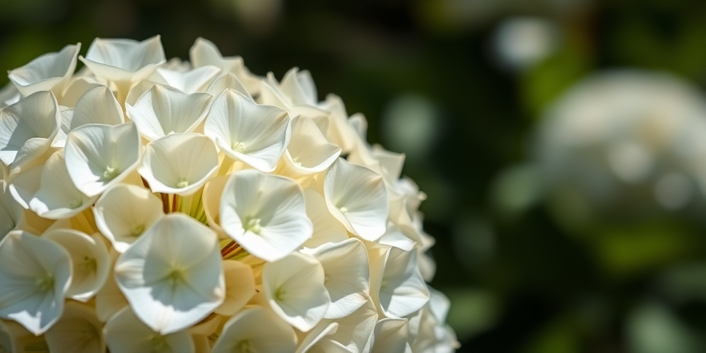 Capture a close-up of a white hydrangea flower cluster with a shallow depth of field, using a DSLR camera, aperture f/2.8, ISO 100, 50mm lens, and natural soft sunlight for enhanced detail and color vibrancy.