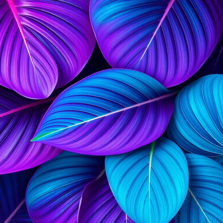 vibrant tropical leaves pattern with shades of turquoise and purple, high resolution, ISO 100, f/4, 50mm lens, top-down view, macro photography