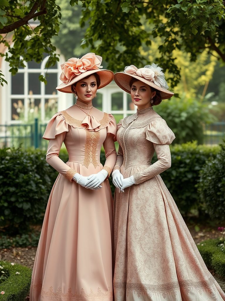 Create an image of two Victorian women in elegant outfits standing in a garden, using a DSLR camera with a 50mm lens, aperture f/2.8, ISO 100, soft focus background, natural lighting, high-resolution detail, vintage illustration style.