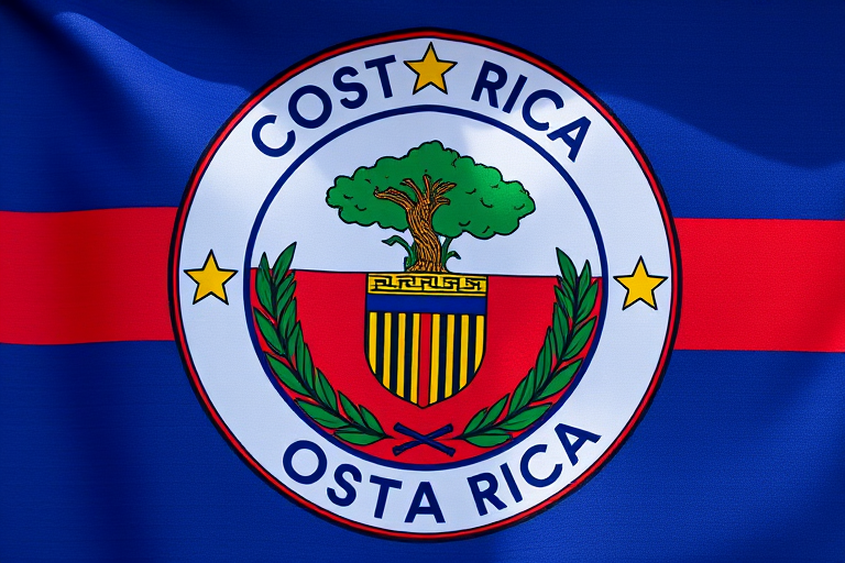 Create a high-resolution image of the Costa Rica coat of arms with a circular design, shot with a Canon EOS R5 at f/8 aperture, ISO 100, 1/200 sec shutter speed, in natural light, with a focus on vibrant colors and sharp details.