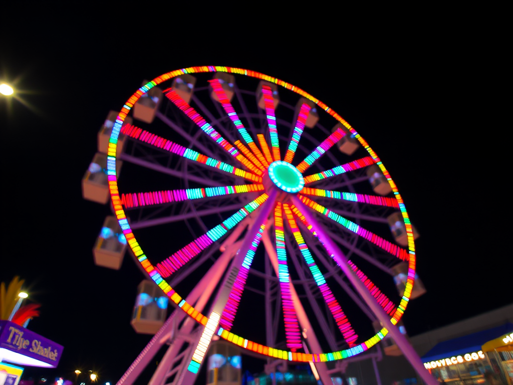 a vibrant night scene of a ferris wheel illuminated with colorful lights, captured from a low angle with a wide aperture of f/2.8 to create a shallow depth of field, ISO 800 for brightness, using a full-frame DSLR camera with a 24mm lens, long exposure of 2 seconds to capture motion blur in the lights