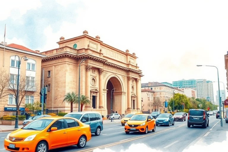 Generate a watercolor-style illustration of a cityscape featuring a large historical building with an archway, vibrant orange and blue cars on a busy road, soft pastel colors in the foreground, shot with a DSLR camera at f/8, ISO 100, 1/250s, wide-angle lens, natural lighting for enhanced depth and detail.