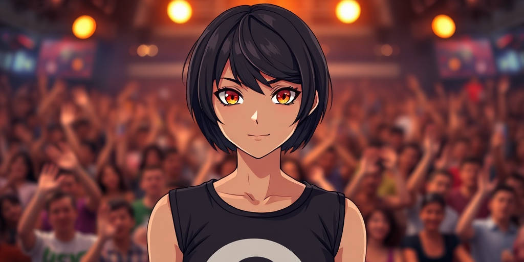 Generate a high-resolution image of a confident female character with short black hair and striking orange eyes, wearing a sleeveless shirt with a bold graphic design, standing in front of a cheering crowd illuminated by stage lights, using a DSLR camera with a 50mm lens, aperture f/1.8, ISO 200, and a shallow depth of field to accentuate the character against a blurred audience background.