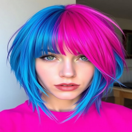 Eccentric hair style presenting a multi-colored split dye with half vibrant magenta and half electric blue on a medium-length shag cut