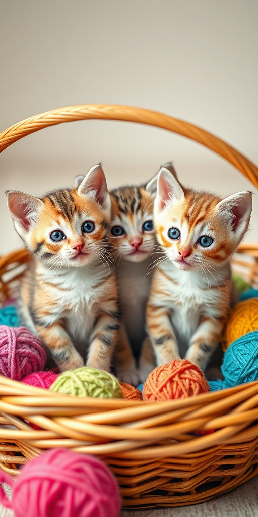 Three adorable kittens sitting together in a wicker basket surrounded by colorful yarn balls, captured with a DSLR camera at f/2.8 aperture, ISO 100, shutter speed 1/200 sec, shot from eye level with a soft focus background to enhance image quality.