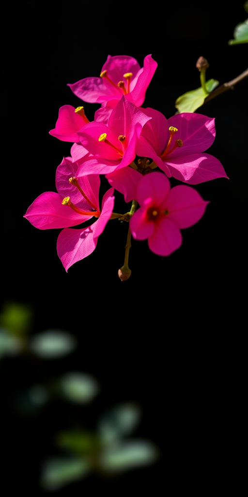 photograph a single branch of bougainvillea flowers with vibrant pink petals against a black background, use a Canon EOS R5 camera with a 100mm macro lens, aperture set to f/2.8 for a shallow depth of field, ISO 100, shutter speed 1/200s, capture in natural light with a slight backlight effect for enhanced texture and detail