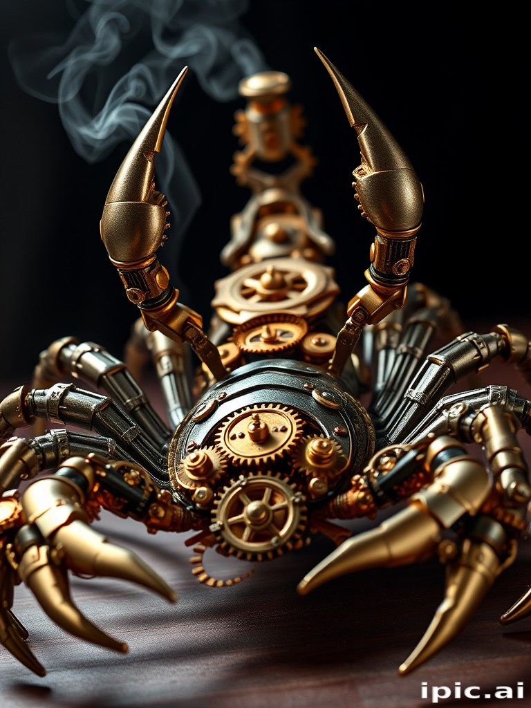 Create a high-intensity, high-resolution image of a steampunk scorpion, featuring intricate clockwork mechanisms and brass gears. The scorpion should have metallic limbs with elaborate jointed segments, showcasing a blend of Victorian-era aesthetics and futuristic technology. The body should be adorned with cogwheels, pistons, and small steam vents emitting a subtle mist, the front pinchers should up up and open. Capture the scene with dramatic lighting to emphasize the mechanical details, giving it a sense of motion and life