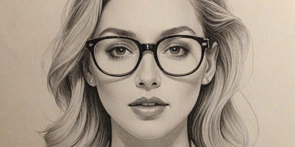 Gorgeous Whitney Port, pencil sketch, portrait of Alluring woman 1932s in glasses, hair style beatnik, outline, clear lines, fine lines, 8k