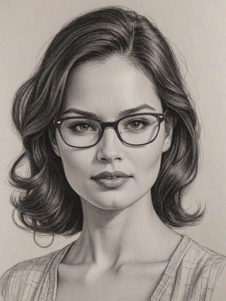Comely Katrina Law, pencil sketch, portrait of Lovely woman 1954s in glasses, hair style beatnik, outline, clear lines, fine lines, 8k