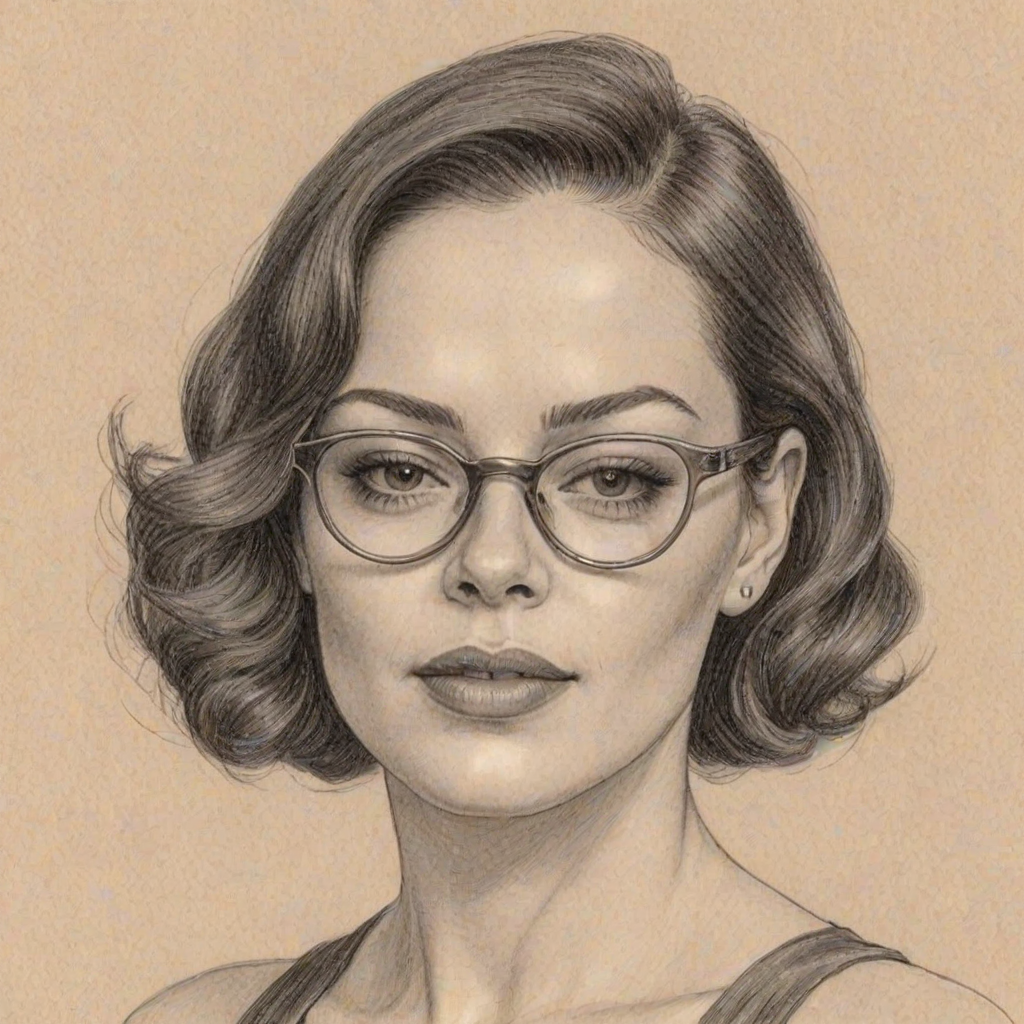Appealing Rose McGowan, pencil sketch, portrait of Superb woman 1930s in glasses, hair style beatnik, outline, clear lines, fine lines, 8k