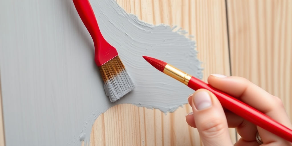 Generate an image of a hand holding a red paintbrush applying gray paint to a wooden surface, use a Canon EOS 5D Mark IV, aperture f/4, ISO 100, shutter speed 1/250s, with a shallow depth of field to focus on the paintbrush and surface texture.