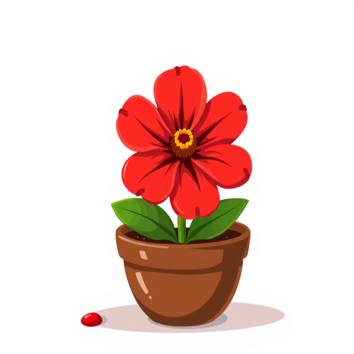 Create a vibrant digital illustration of a single blooming red flower with a yellow center sitting in a brown pot, using a high-resolution setting of 300 DPI, viewed from a slightly elevated angle in a flat lay style, captured with a digital camera for clarity and detail enhancement.