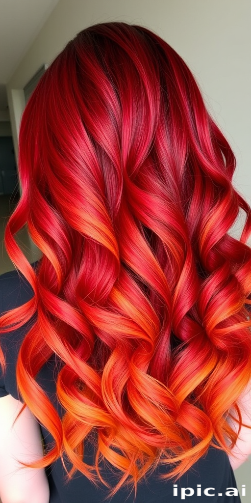 Fiery ombre locks transition from deep crimson roots to bright orange tips, styled in voluminous curls reminiscent of flickering flames, embodying the fierce and passionate "Phoenix Rising" style
