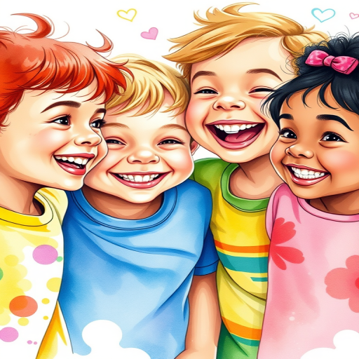 Create a colorful illustration of four children smiling and having fun together, using a watercolor style, shot with a Canon EOS R5 at ISO 100, f/2.8, 50mm lens, vibrant colors and soft focus for an artistic effect.
