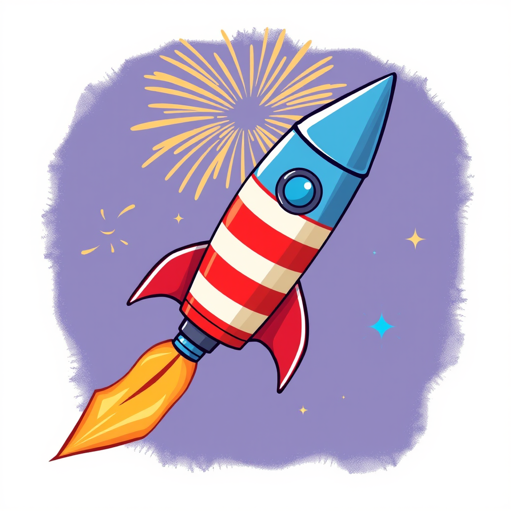 Create a vibrant illustration of a cartoon-style firework rocket with a blue pointed tip and red and white striped body, using a Canon EOS R5, 50mm lens, f/1.8 aperture, 1/200 sec shutter speed, and vibrant color palette for enhanced image quality.