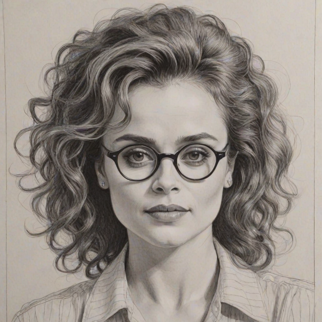 Radiant Helena Bonham Carter, pencil sketch, portrait of Exquisite woman 1958s in glasses, hair style beatnik, outline, clear lines, fine lines, 8k