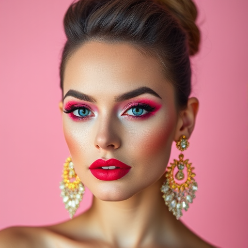 Portrait of a model with bold pink makeup, large earrings, and a glamorous hairstyle, shot with a Canon EOS R5, 50mm lens, f/1.8 aperture, ISO 100, 1/200 sec, soft lighting, shallow depth of field, pink background.
