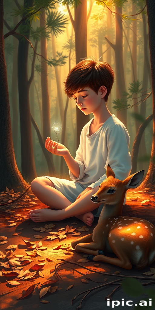 A luminous digital painting of a serene forest scene featuring a barefoot young boy, about 7 years old, with brown hair and fair skin, dressed in a simple white outfit. He sits cross-legged on the forest floor, gazing at a small, glowing, magical firefly in his hand. Beside him, a delicate spotted deer lies calmly on a bed of dried leaves, observing the scene. The dense forest is bathed in warm, golden light filtering through the trees, creating a peaceful, magical atmosphere with a blend of natural and mystical elements.