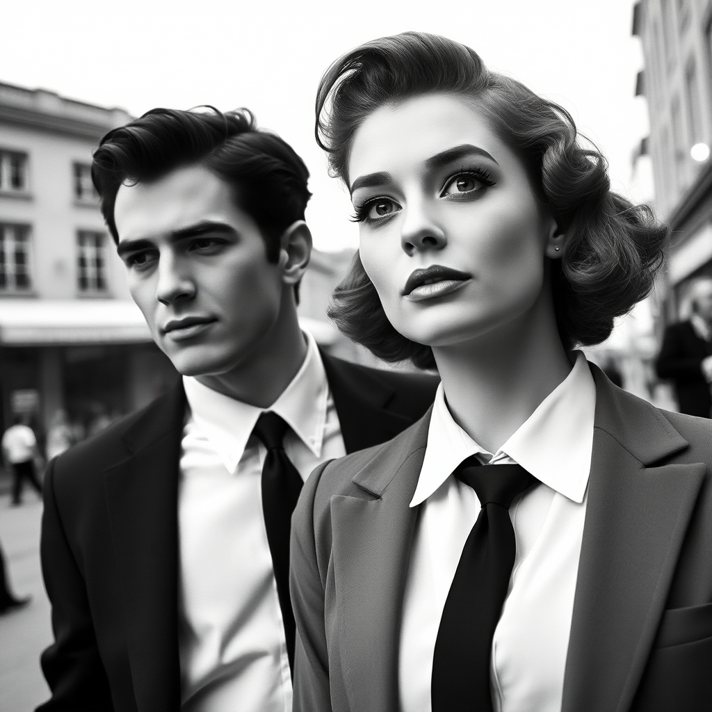 Black-and-white photograph, couple, tailored suits, retro hairstyles, film noir style, Tilt the camera for a dynamic Dutch angle using a versatile 24-70mm lens