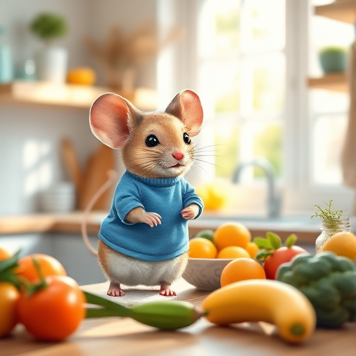 Create an illustration of a cute mouse wearing a blue shirt standing on a kitchen countertop filled with fruits and vegetables, bright natural light streaming through a window, soft focus, watercolors, shot with a Canon EOS R5, f/4 aperture, 50mm lens, ISO 100, HDR style.