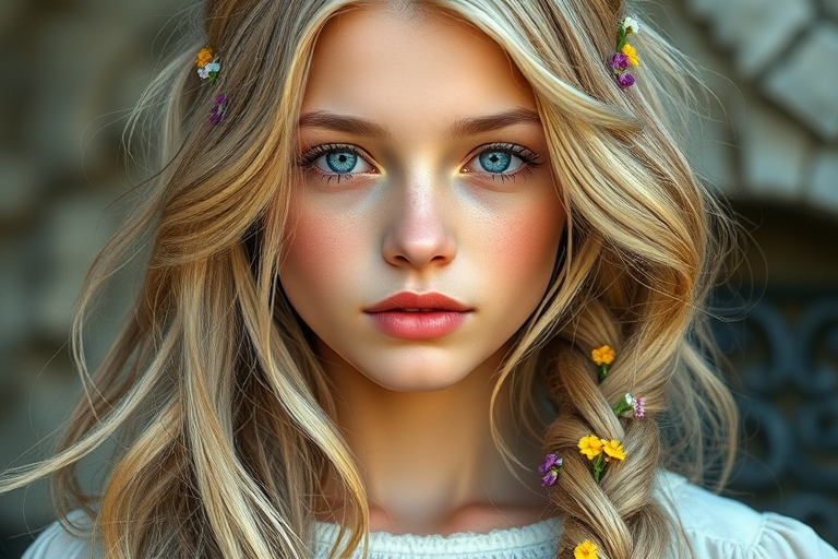 Create an image of a young woman with long, wavy blonde hair, adorned with small, colorful flowers woven into her braids and loose strands. Her complexion is fair, with soft, glowing skin, and she has light blue eyes that gaze softly at the viewer. She wears a light, flowing dress with a gentle, ethereal quality, complementing her delicate and serene appearance. The background is slightly blurred, drawing focus to her tranquil expression and the intricate details of the flowers in her hair. The overall mood of the image is one of natural beauty and grace, evoking a sense of peacefulness and connection with nature.