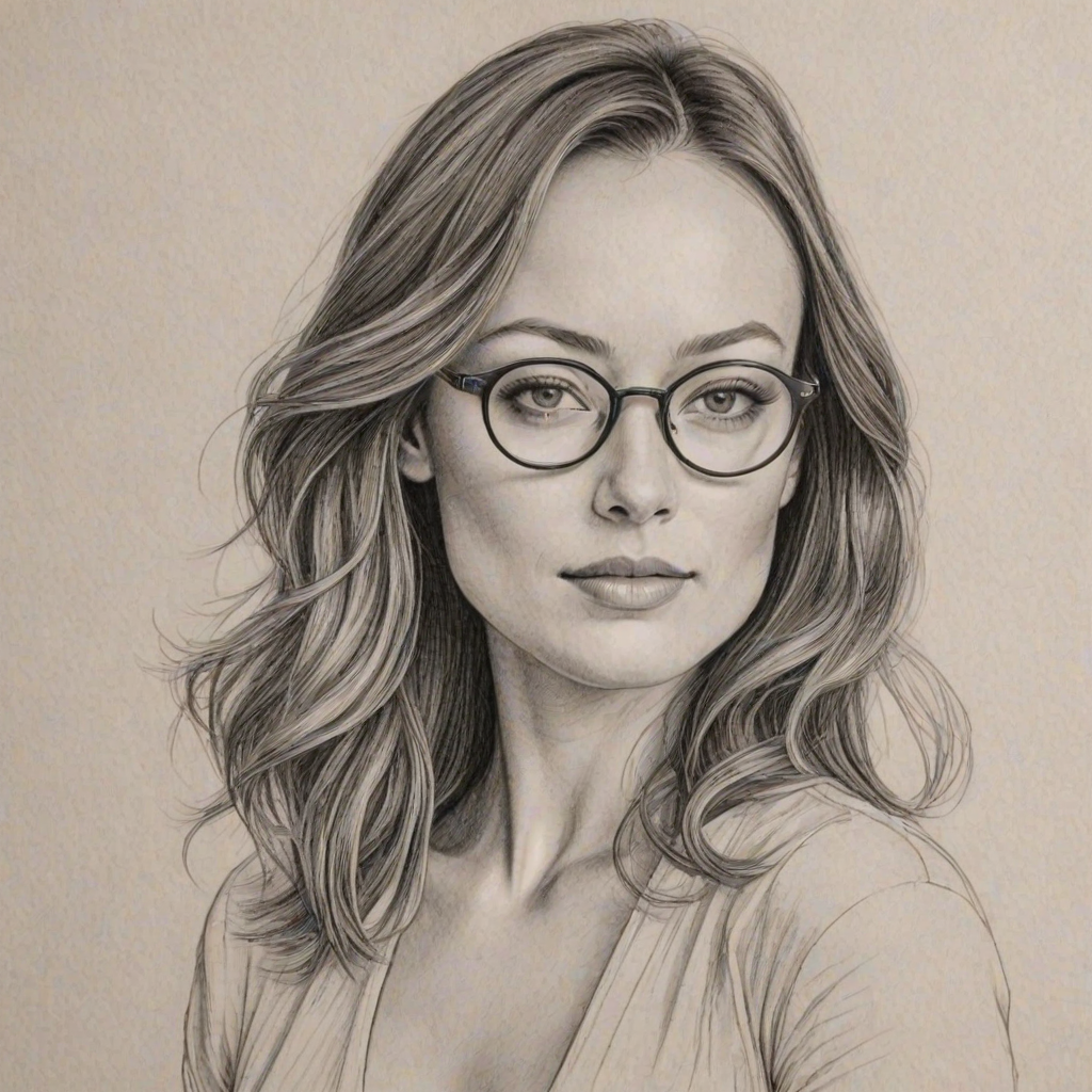Enchanting Olivia Wilde, pencil sketch, portrait of Graceful woman 1943s in glasses, hair style beatnik, outline, clear lines, fine lines, 8k