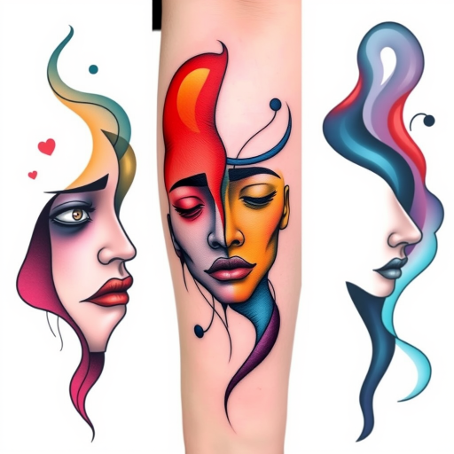 Avant-garde tattoo named "Abstract Emotions" using unconventional color combinations and fluid shapes to represent different human emotions in a non-figurative way