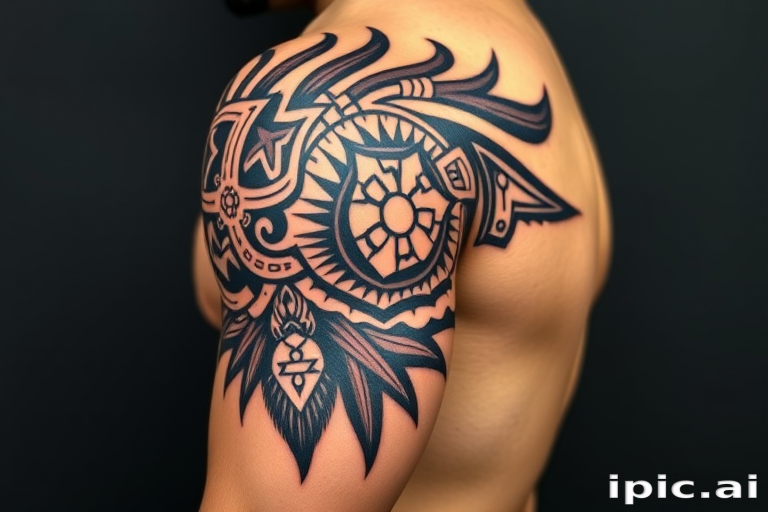 Powerful Polynesian tribal tattoo wrapping around the bicep and shoulder, featuring bold geometric patterns and cultural symbols, utilizing thick black lines and negative space for a strong visual impact