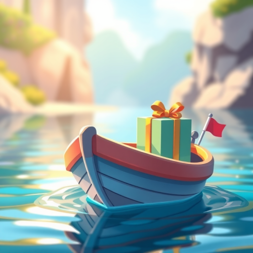 Create a vibrant illustration of a cartoon-style boat with a gift on top, using a colorful palette and smooth edges, shot from a slightly elevated angle, in a digital art style with a high-resolution finish, simulating a DSLR effect with a shallow depth of field.