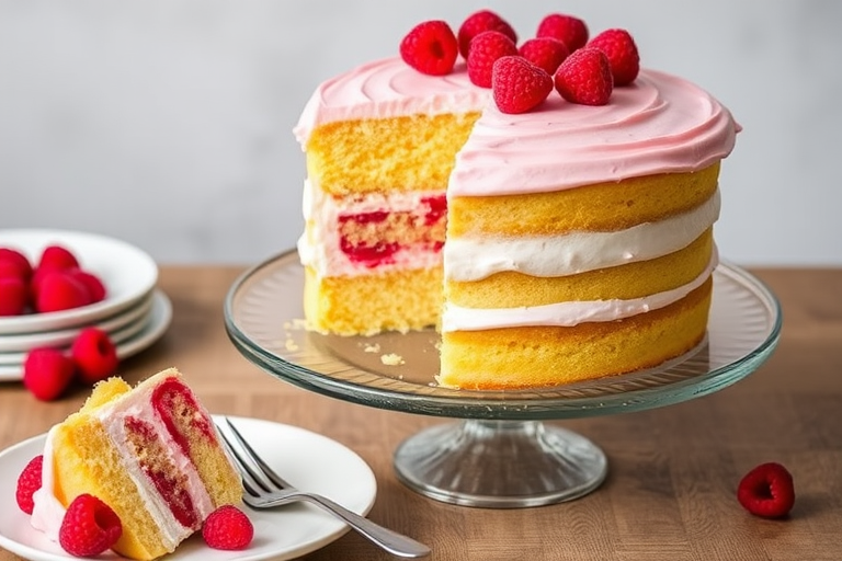 A beautifully layered cake with yellow sponge layers and raspberry filling topped with pink frosting and fresh raspberries on a glass cake stand with a slice on a white plate and a fork beside it