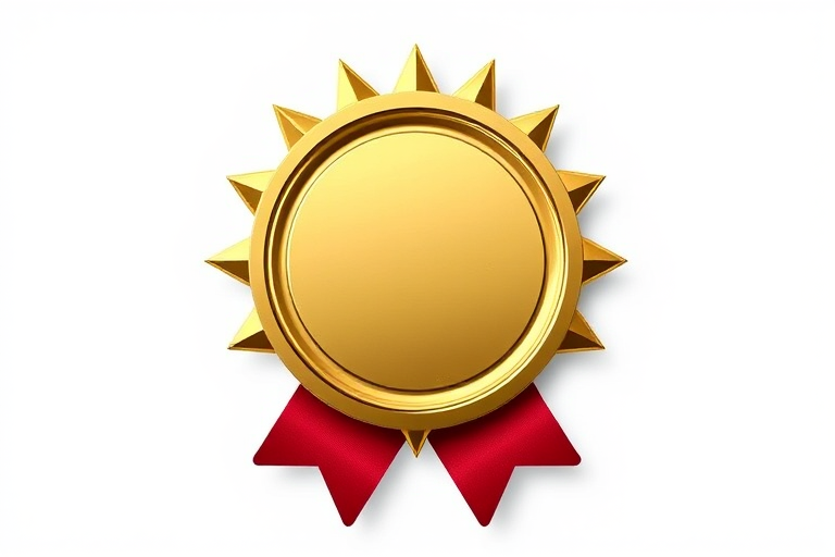 generate a shiny gold medal icon with pointed rays around the edge, featuring red and blue ribbons at the bottom, high resolution, 300 DPI, shot with a Canon EOS 5D Mark IV, aperture f/4, ISO 100, straight-on view with studio lighting for enhanced clarity