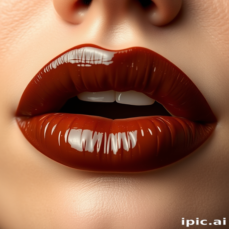 Chocolate brown lips with a glossy finish, rich and indulgent in appearance, ideal for a cozy autumn day or a coffee-themed photoshoot