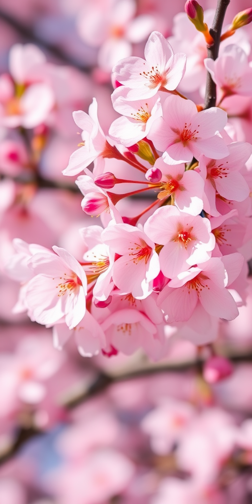 Capture a close-up shot of cherry blossoms in full bloom with a shallow depth of field, using a DSLR camera with a 50mm f/1.8 lens, aperture set to f/2.8, ISO 100, and a shutter speed of 1/200s, ensuring a soft bokeh background and vibrant colors.