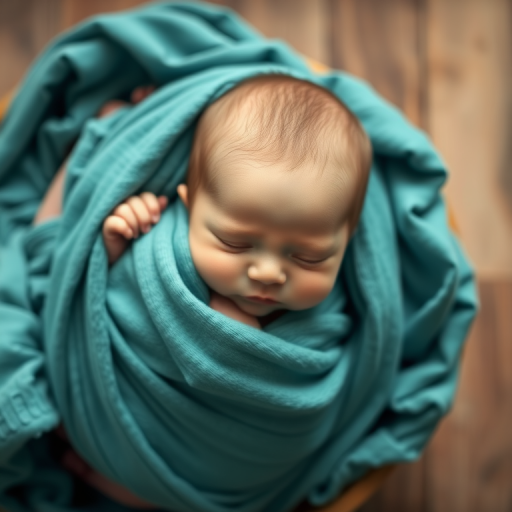 newborn baby sleeping wrapped in soft teal fabric, overhead view, soft natural lighting, aperture f/2.8, ISO 200, shutter speed 1/125s, DSLR camera, portrait style, shallow depth of field