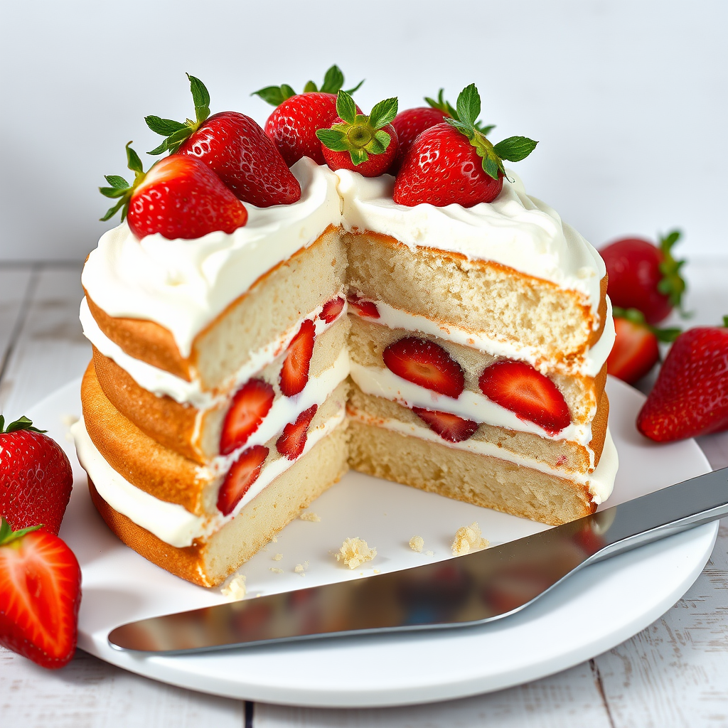 Generate an image of a beautifully layered cake with fresh strawberries on top. The cake should have a light, fluffy texture and be decorated with whipped cream. A slice should be cut out to reveal the layers and strawberries inside. The setting should have a clean, rustic background with a silver serving knife beside the cake.