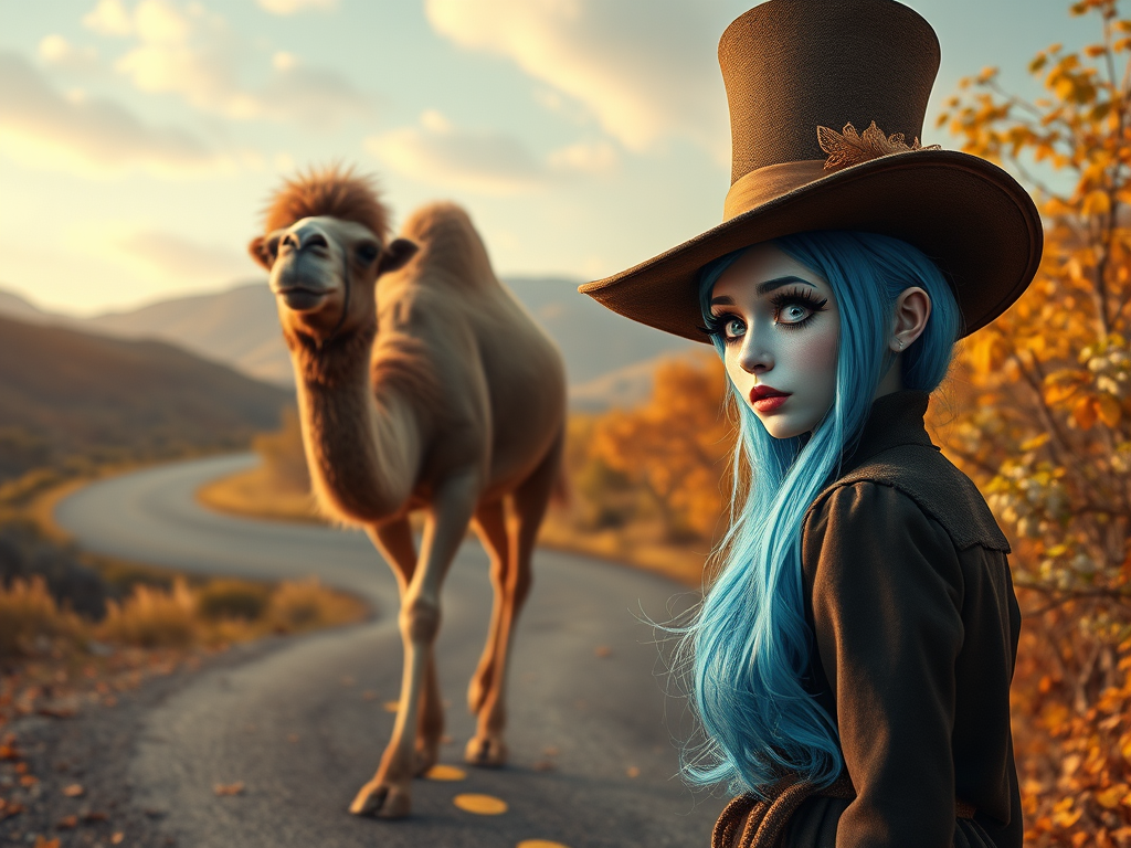 digital art fantasy depicting a strange girl with cyan hair, long eyelashes, white lipstick and a tall hat walking along a winding road on an autumn afternoon, an Camel smiles as she passes