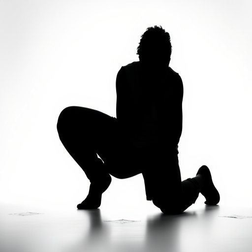 Generate a high-contrast silhouette of a person kneeling with hands on their face against a white background using a Canon EOS R5 camera with a 50mm f/1.2 lens, aperture set to f/2.8, ISO 100, and a shallow depth of field to enhance image quality.