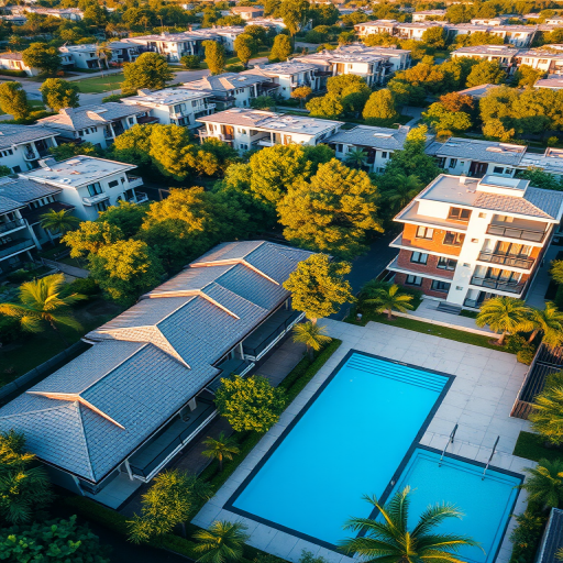 aerial view of a residential area with modern buildings and houses, vibrant green trees and blue pool, early morning light, 35mm lens, f/8 aperture, ISO 200, shoot at 1/200 sec, drone photography
