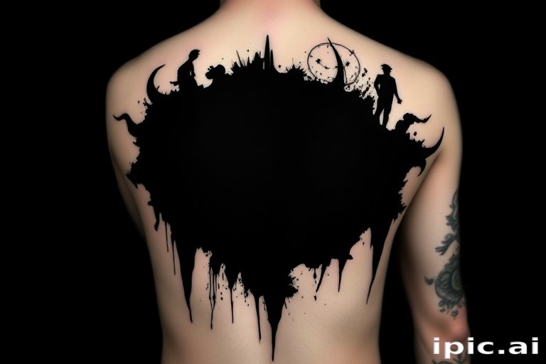 Blackout tattoo style named "Negative Space Illusion" using large areas of solid black ink with strategic gaps to create striking silhouettes and shapes, suitable for bold arm or leg designs