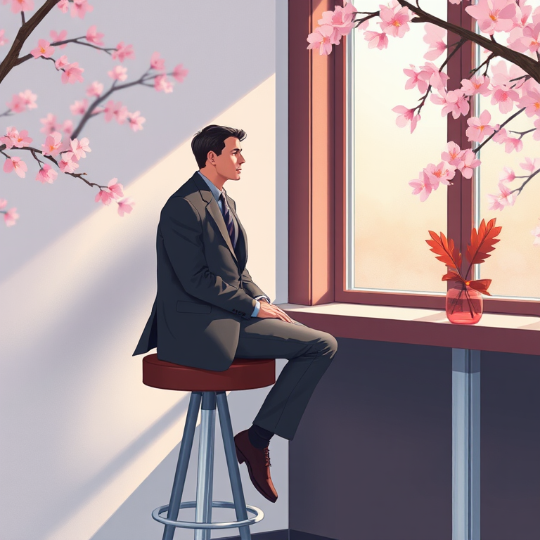 Illustration of a man in a suit sitting on a bar stool by a window with cherry blossoms, natural light, soft focus, captured with a 50mm lens at f/1.8, slight vignette effect, in a modern digital art style.