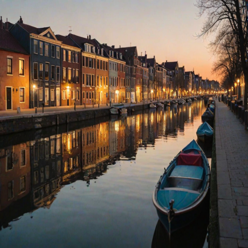Soft-focus image of a row of colorful houses along a quiet canal at dusk, soft golden light from street lamps reflecting off the water, with a boat gently gliding past and distant buildings silhouetted against the evening sky.