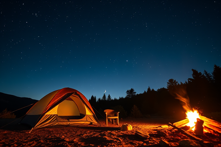 A cozy camping scene featuring a tent near a campfire under a starry night sky with a crescent moon, captured with a DSLR camera at f/2.8, ISO 400, shutter speed 1/60s, in a wide-angle view to enhance depth and vibrancy.